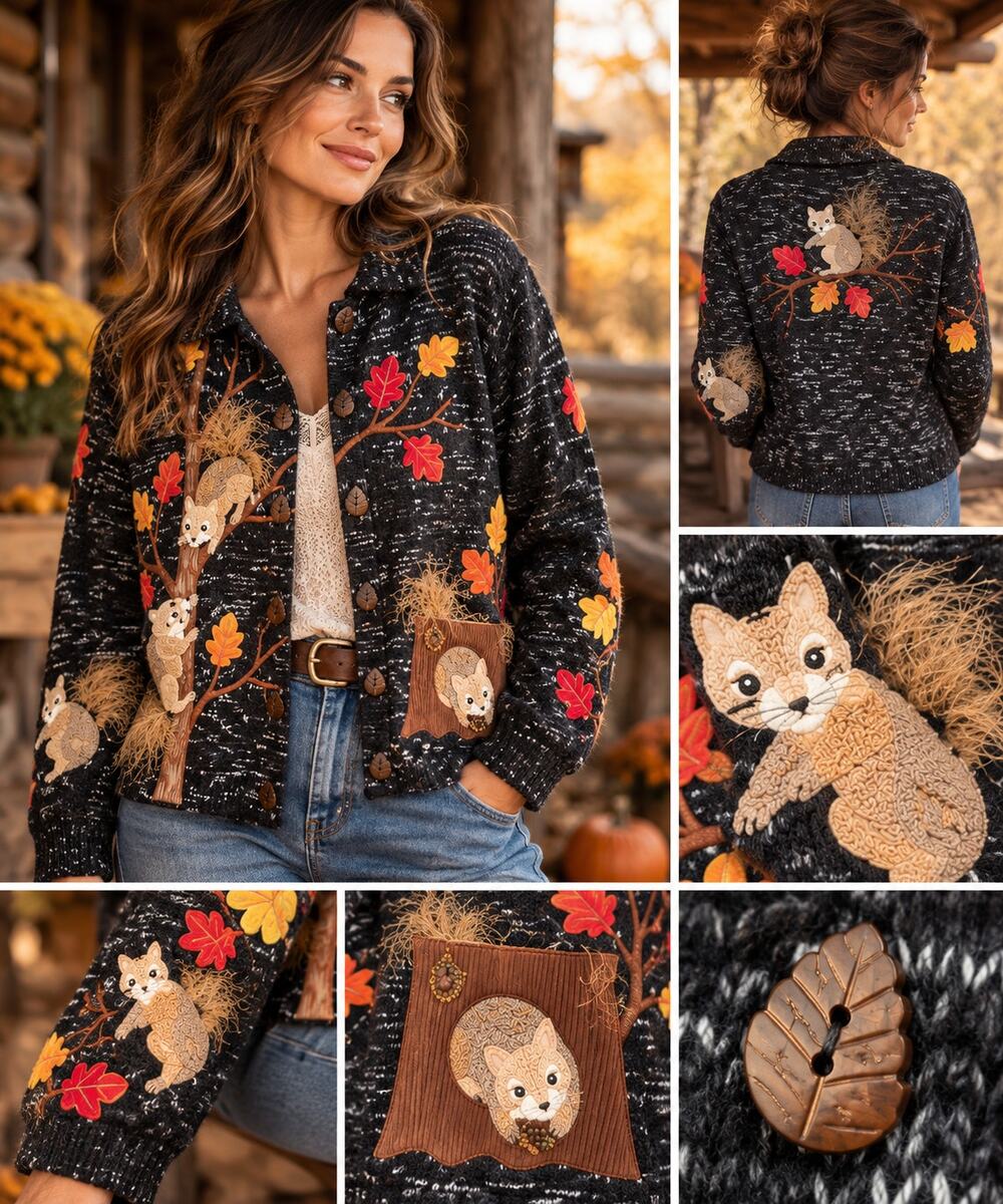 Vintage 90s Design Options Squirrel Silk Blend Art to Wear Cardigan Sweater M